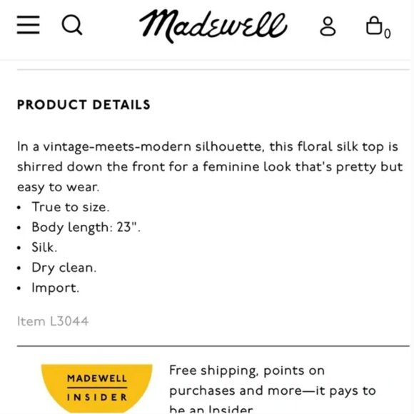 Madewell Silk Ruched Shirred Front Top in Classic Corsage Size 8 - Picture 5 of 5